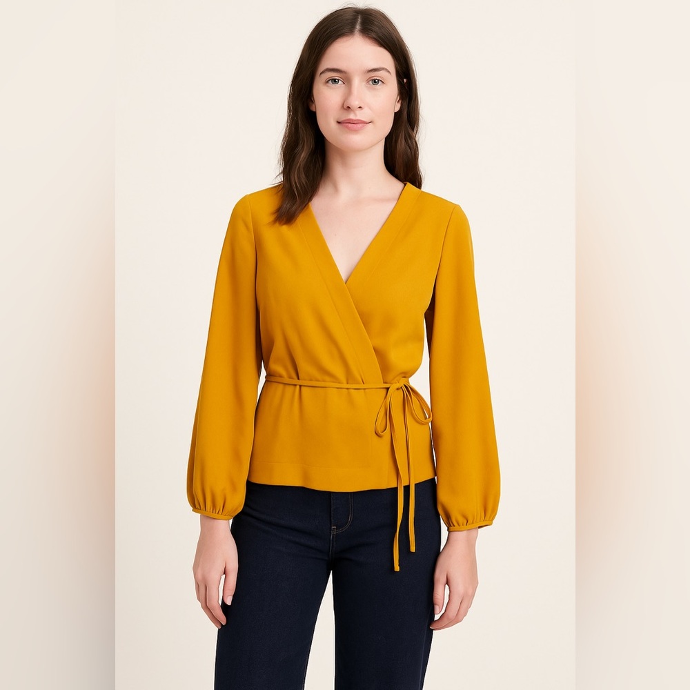 J.Crew Mustard Yellow Wrap Blouse Size 10